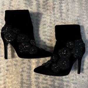 Velvet flower stiletto booties